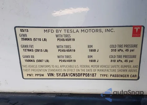 2013 Tesla Model S из США, поврежденный, VIN 5YJSA1CN5DFP08187
